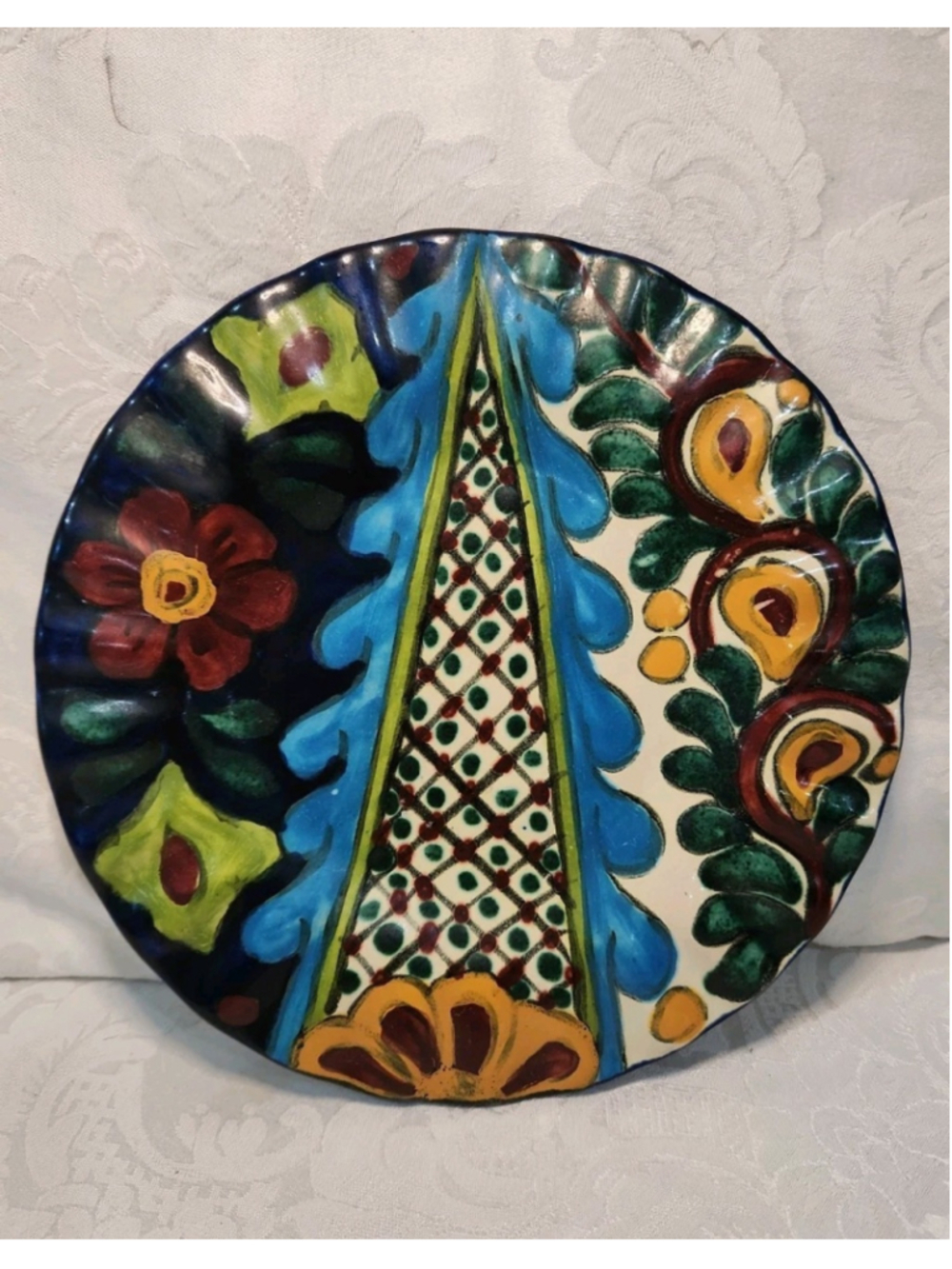 VTG Signed E. Ortiz Mexico Pottery PlateTalavera Style Folk Art Majolica 8.5"